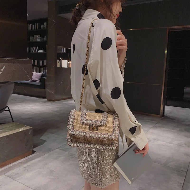 Women Bag Pearl Beach Shoulder Crossbody Messenger Flap Chain Slung Lock Buckle Luxury Handbags Bags Designer | Багаж и сумки