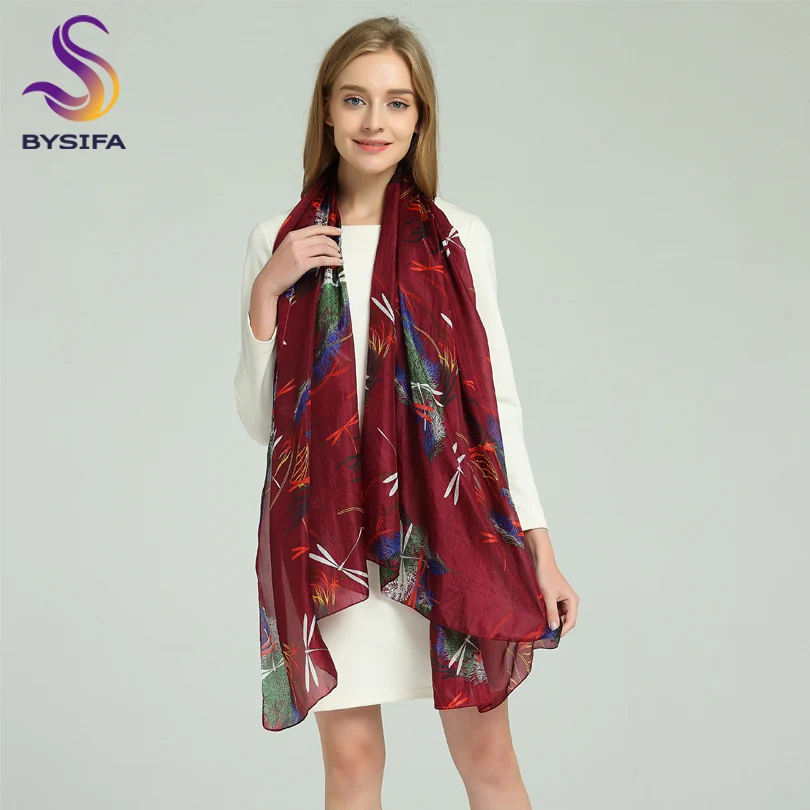 Женский шарф шаль BYSIFA весенне осенний бордовый цвет из чистого шелка длинная 100%
