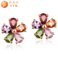 fym high quality women colorful crystal stud earring flower aaa cubic zirconia earrings ear jewelry for women wedding party gift