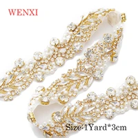 wenxi 1yard luxury crystal rhinestone applique with pearls trim for fancy bridal gown sash rhinestone banding crystal wx973