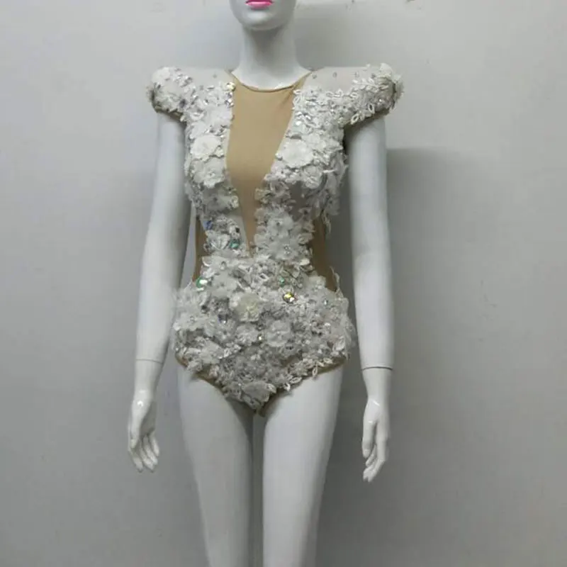 

Nude color shoulder pad three-dimensional floral bodysuit Dance Costume Lady Women Sexy Nightclub Singer Jazz Hip Dance Costumes