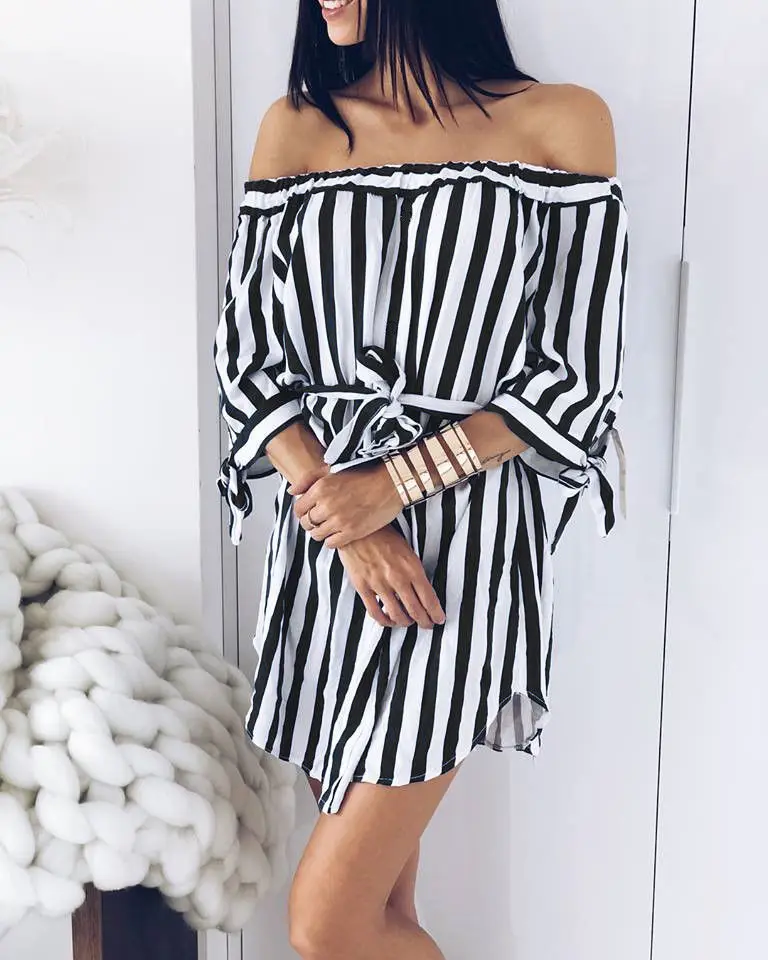 

summer women dress womens clothing fashion half sleeve slash neck ladies striped mini female dresses