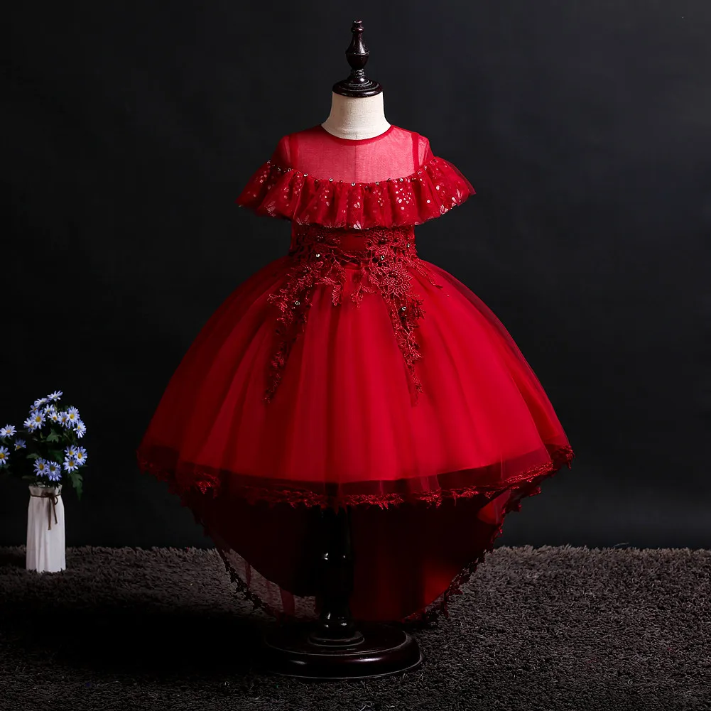 Fashion Short Front Long Back Children Birthday Party Dresses Girls New Red White Purple Flower Girl Wedding Dress for Kids | Детская
