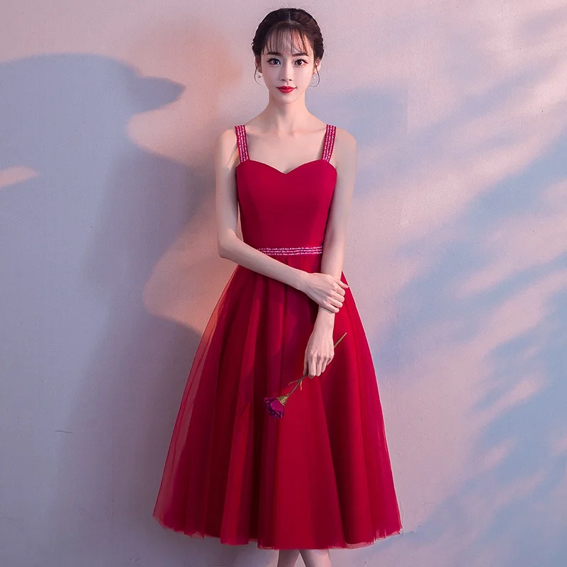 Summer Wedding Party Dress Midi Long Gown Fiesta Vestido Soiree Femme Spaghetti Strap Red Bridesmaid Dresses 2019 New TS1390 | Свадьбы и