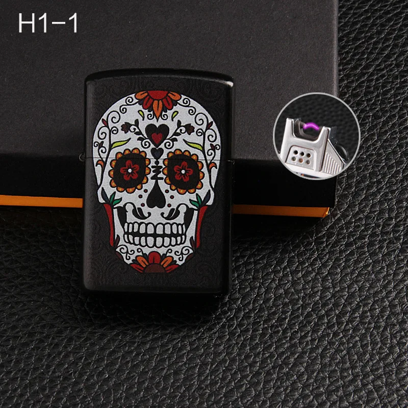 Skull Высокое качество самая дешевая дуговая Зажигалка Ветрозащитная USB Электронная Зажигалка Череп дешевая перезаряжаемая Зажигалка беспламенная подарочная коробка - Цвет: Skull