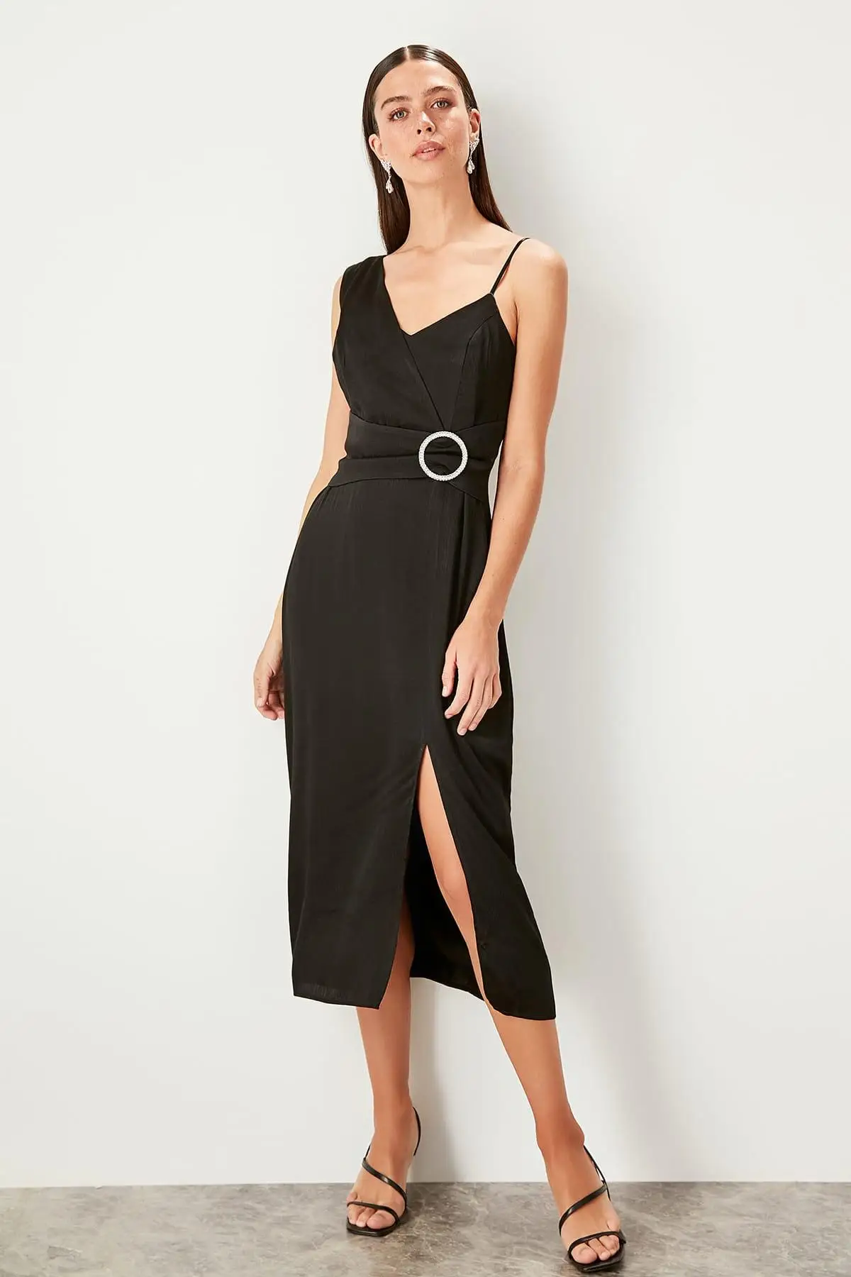 Trendyol черное платье с поясом TPRSS19UZ0070|Женские платья| |