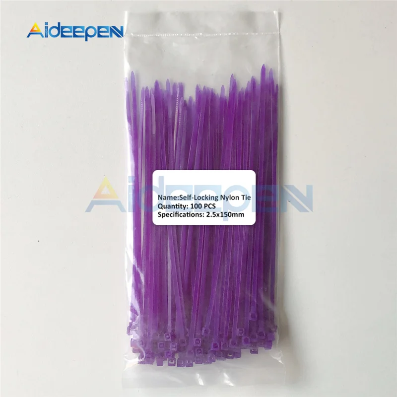 Purple 100 шт/партия 2,5*150 мм пластиковый нескользящий проволочный комплект галстуков на молнии 150 мм самоблокирующийся нейлоновый прочный кабельные стяжки UL сертифицированный 12 цветов - Цвет: Purple