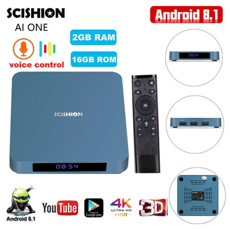 SCISHION Ай одна ТВ Box Android 8 1 Bluetooth 4 0 Smart 2 г/16 г 2.4g WiFi Rockchip3328 H.265 USB 3 Voice Управление Media Player