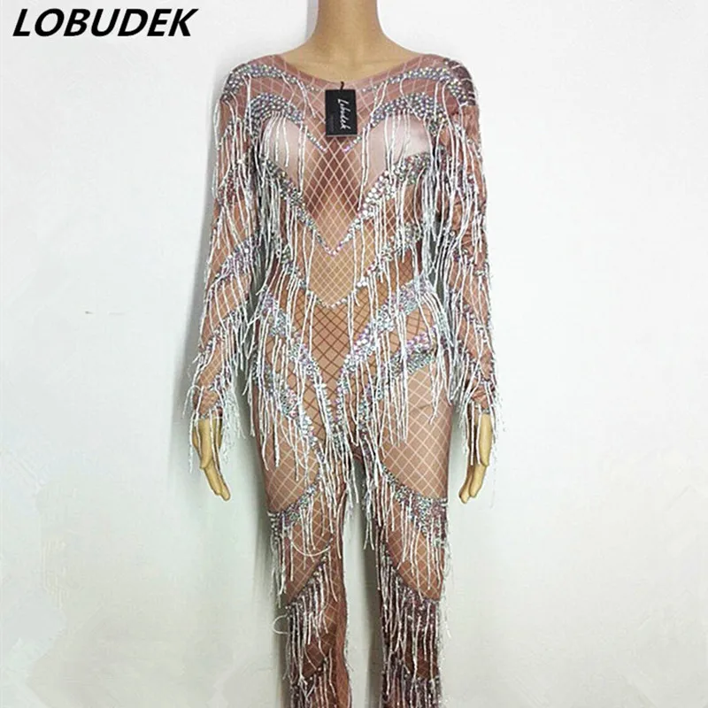 Female Nightclub Bar Dance Costume Striped Printed Crystals Tassels Stretch Jumpsuit Sexy Party Show Stage Wear Dancer Outfits
