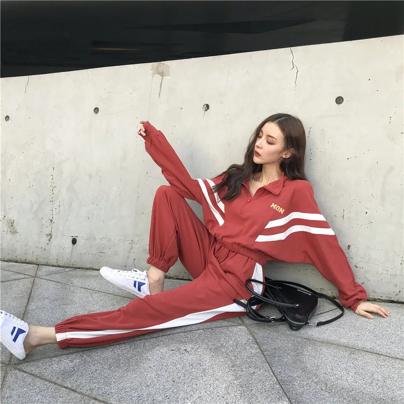 Корейский комплект из 2 предметов, женская одежда, Harajuku, свободная молния, отложной воротник, длинный рукав, боковые полосы, шаровары, штаны, спортивные костюмы, B092
