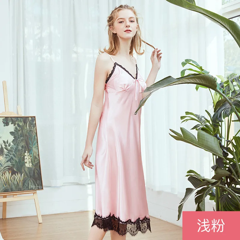 Light Pink Ночные рубашки и ночные рубашки с длинными бретельками, ночное платье с кружевом, женская одежда для сна, шелковые длинные ночные рубашки, простой стиль - Цвет: Light Pink