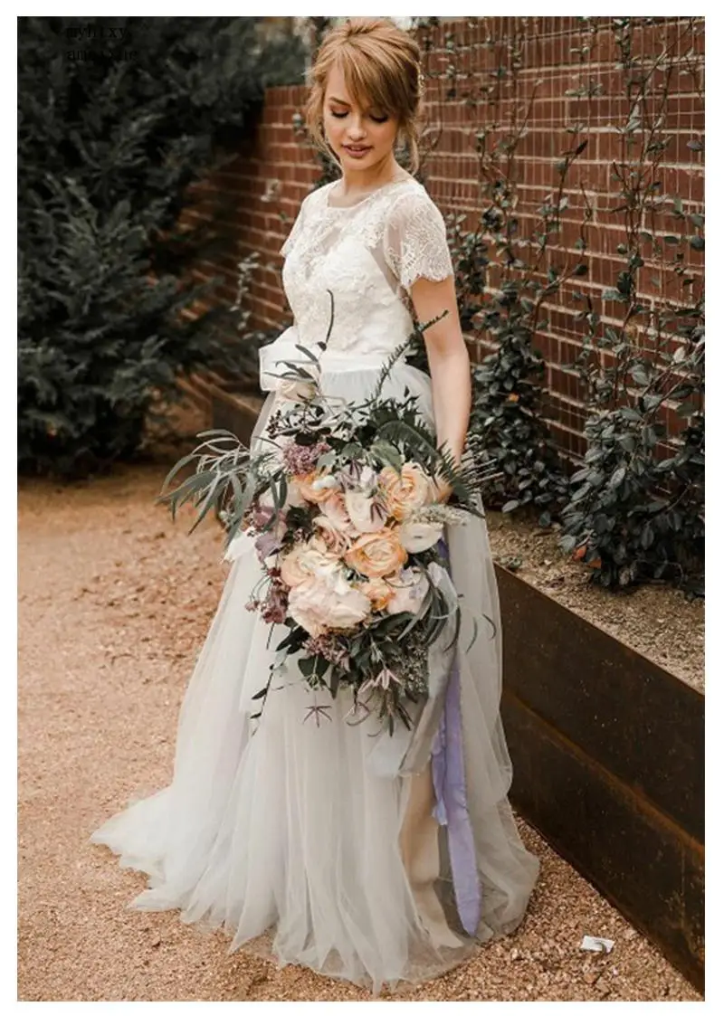 

Sexy Cheap Wedding Dress 2020 Light Gray Lace Bride Dres Short Sleeves A-line Romantic Vestido De Noiva China Bridal Gowns