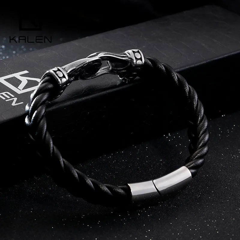 Мужской кожаный плетеный браслет KALEN Punk Амулет из нержавеющей стали 21 см в