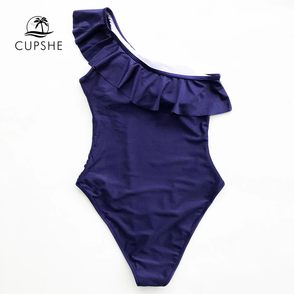 CUPSHE темно-синий цельный купальник на одно плечо женский однотонный с рюшами