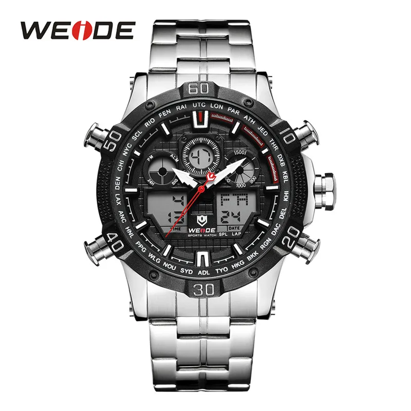 WEIDE мужские спортивные секундомер задний светильник с будильником цифровой автоматический хронограф с датой кварцевые аналоговые часы с ремешком из нержавеющей стали военные наручные часы - Цвет: Черный