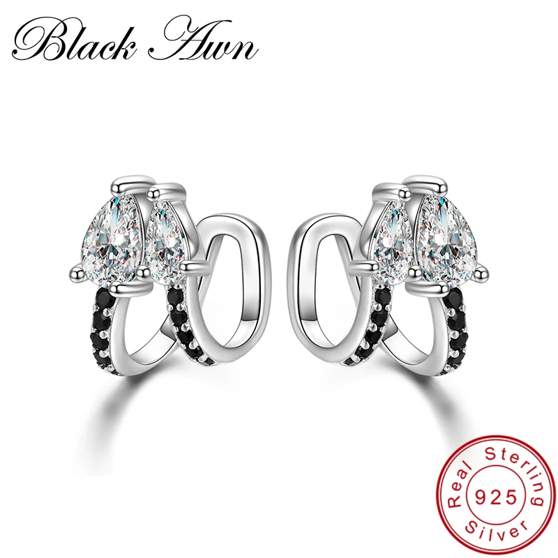 

[BLACK AWN] Trendy Genuine 925 Sterling Silver Jewelry Black Spinel Stone Wedding Earrings for Women I024