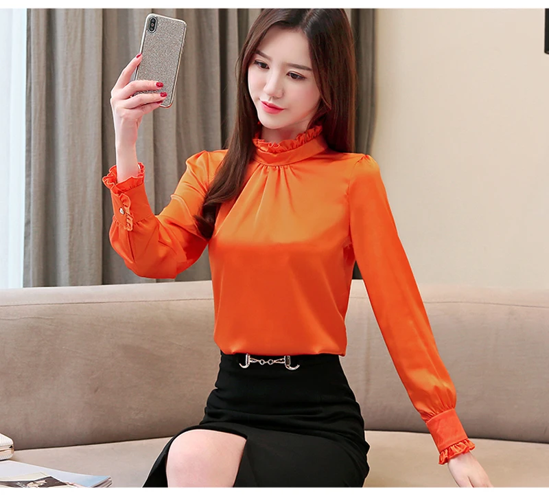QoerliN 2XL, атласная блузка, элегантная, для женщин, с длинным рукавом, с оборками, воротник-стойка, рубашки, элегантная, для работы, женская блузка, фиолетовая, тонкая, топы