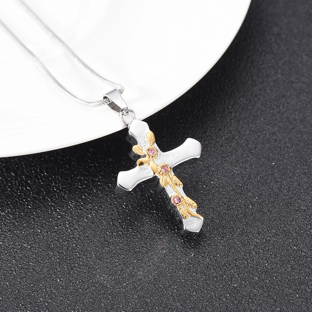 

KLH10006 Flower On Cross Cremation Jewelry Pendant Keepsake Urn With Funnel & Necklace-Steel Cross Urn Necklace Women Men