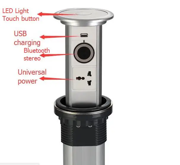 

Motorized led light touch button phone USB charging universal power bluetooth stereo mobile wireless socket