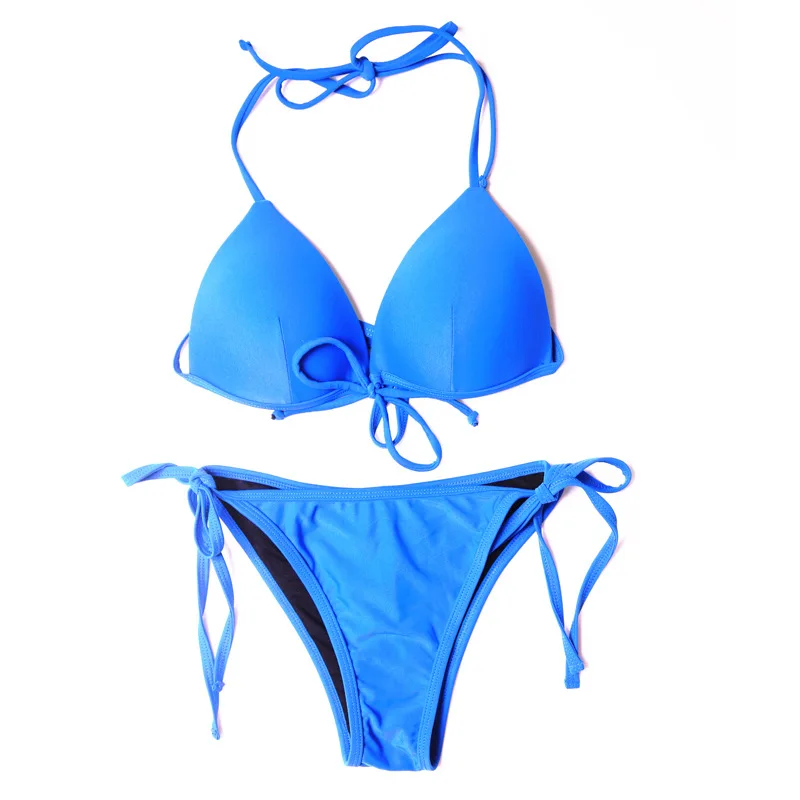 ESHINES Sexy Solid Strappy Bikini Set Women Swimwear Padded Push-up Bra Ladies Swimsuit Thong Bathing Suit Beachwear |