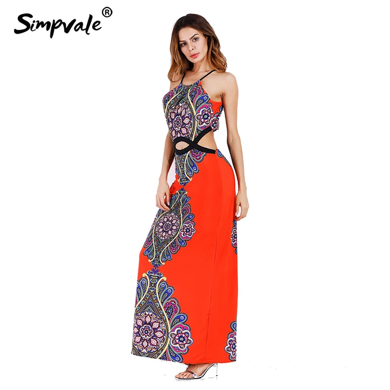 SIMPVALE Boho Стиль принт пупка платье Женский вырезать рукавов ремни Макси платья