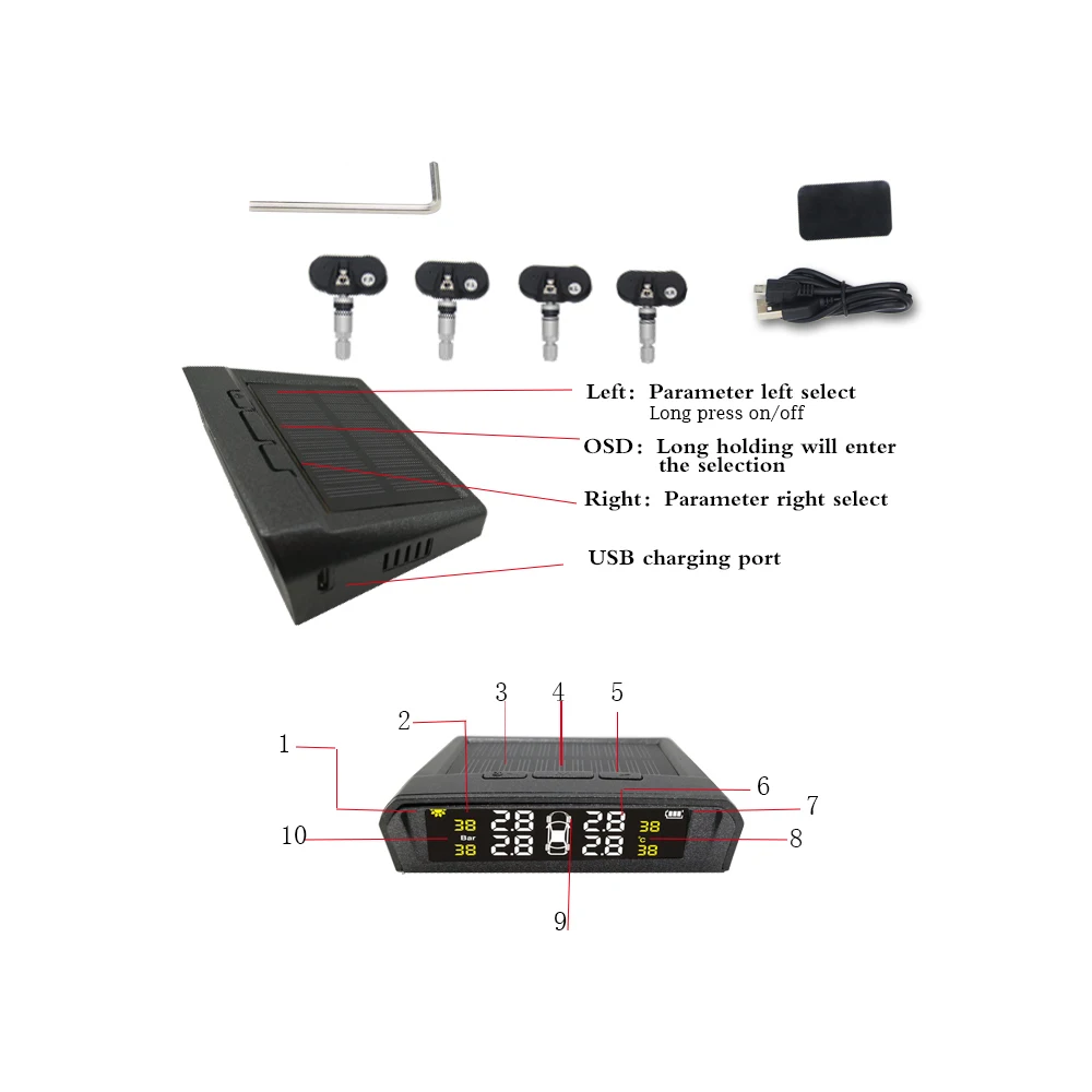 Умный автомобиль TPMS шин давление мониторинга системы Солнечный мощность зарядки