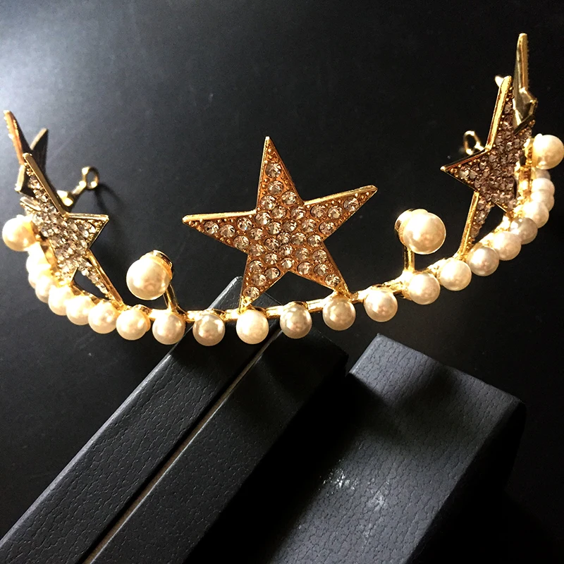 Himstory Fashion Gold Tiara Crown Crystal Pearl Headband Bridal Wedding Hair Jewelry Star Women Party Headpiece | Украшения и