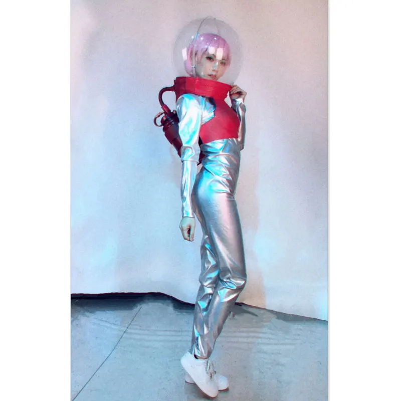 

Transparent helmet silver Lady stage jumpsuit sets DJ GOGO Dance Dress Party Performance Wears DS Costume stagewear