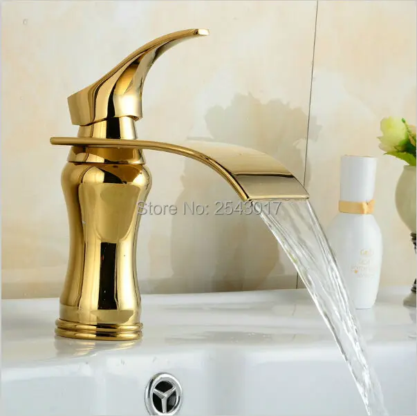 

Bathroom Waterfall Faucet Golden Polished Basin Sink Mixer Tap Vanity Water Taps Bathroom Faucets Deck Mount ZR459