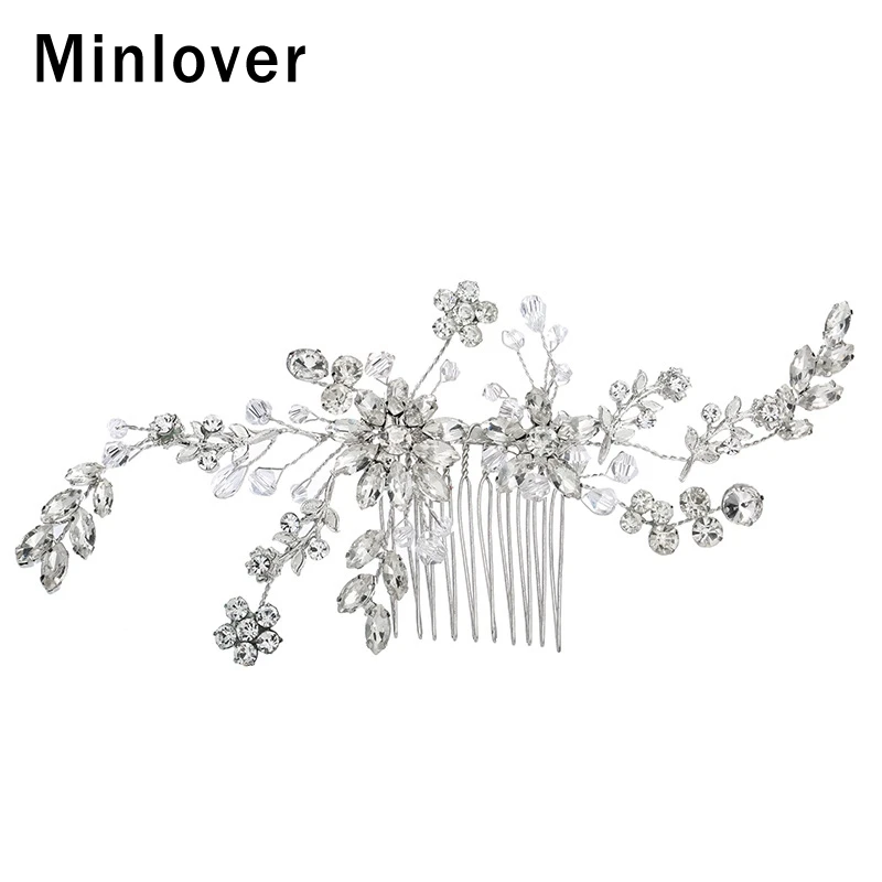 Minlover, корейский серебряный цвет, женские расчески для волос/булавка, модный хрустальный цветок, ветка, свадебные аксессуары для волос, головной убор ручной работы FS288
