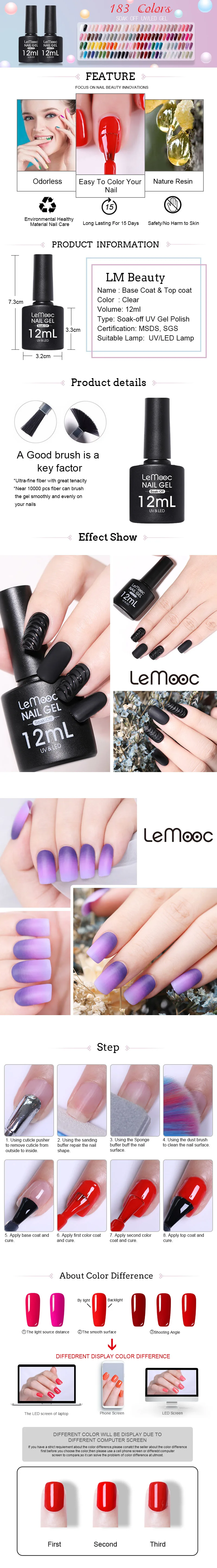 LEMOOC 12ml Base Coat Matte Top Coat Gel Nail Polish No Wiping Long Lasting Transparent Nail Art Soak Off UV Gel Varnish