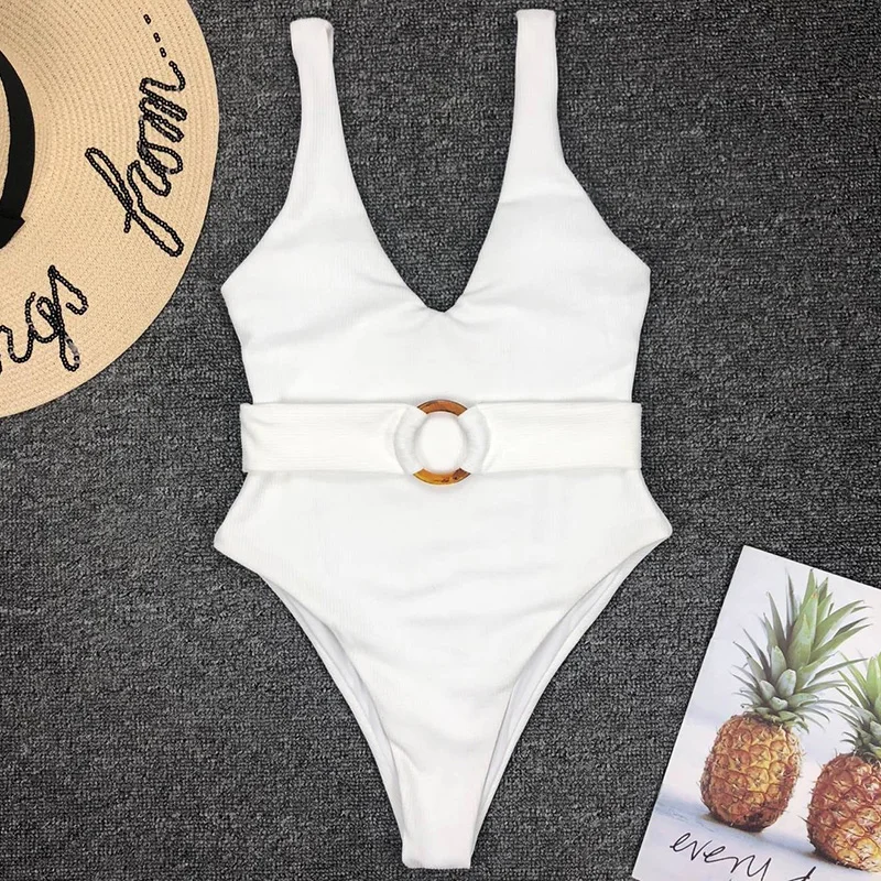 2021 White Ribbed Women swimwear one piece swimsuit Female bather Sexy high cut monokini Rings Belt Bathing Suit Swim bodysuit