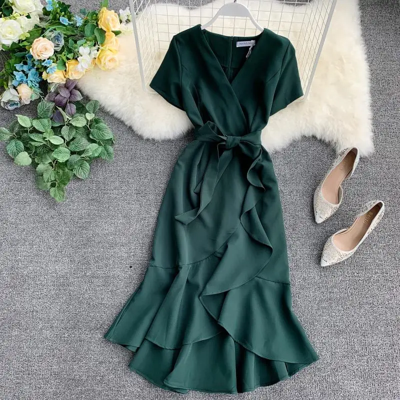 

2020 Summer Ladies Ruffled Short-sleeved Wrap Dress V-neck High Waist Solid Graceful Women Sashes Vestidos