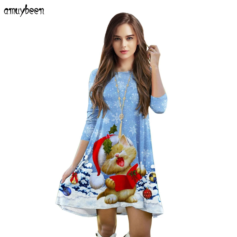 платья Рождественские жениские зима 2017 новогодний оленей ёлка Санта Клаус
