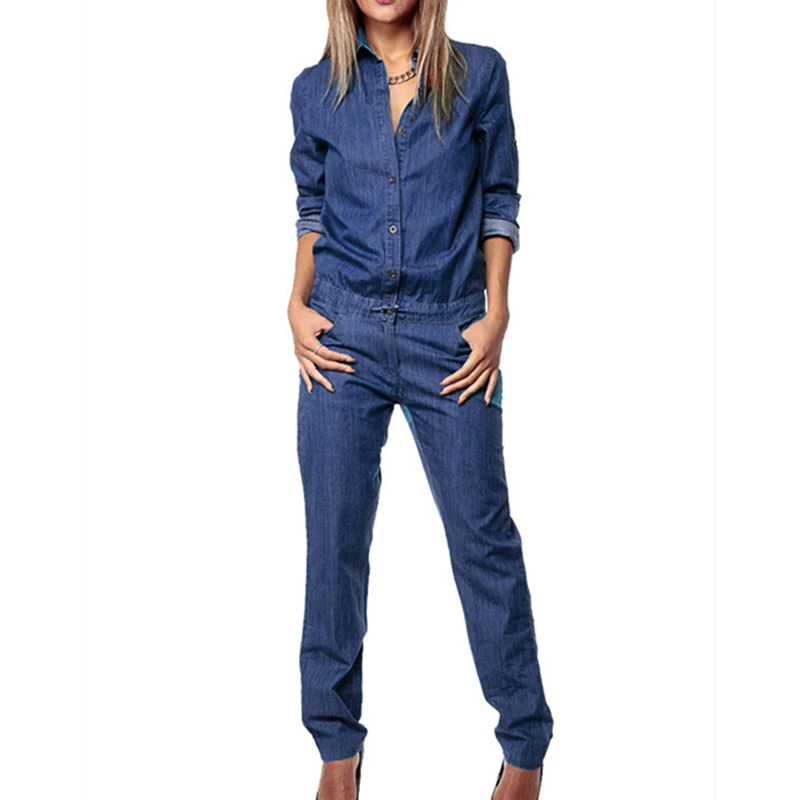 Женский комбинезон с длинным рукавом однотонный синий повседневный отложным