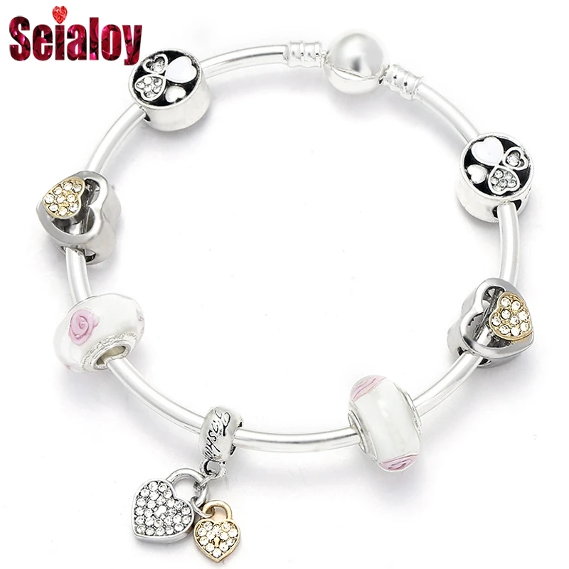 SEIALOY модный серебряный цвет мультфильм Микки Минни Любовь бусины бренд браслеты для женщин бисером Шарм для браслета, украшения в подарок