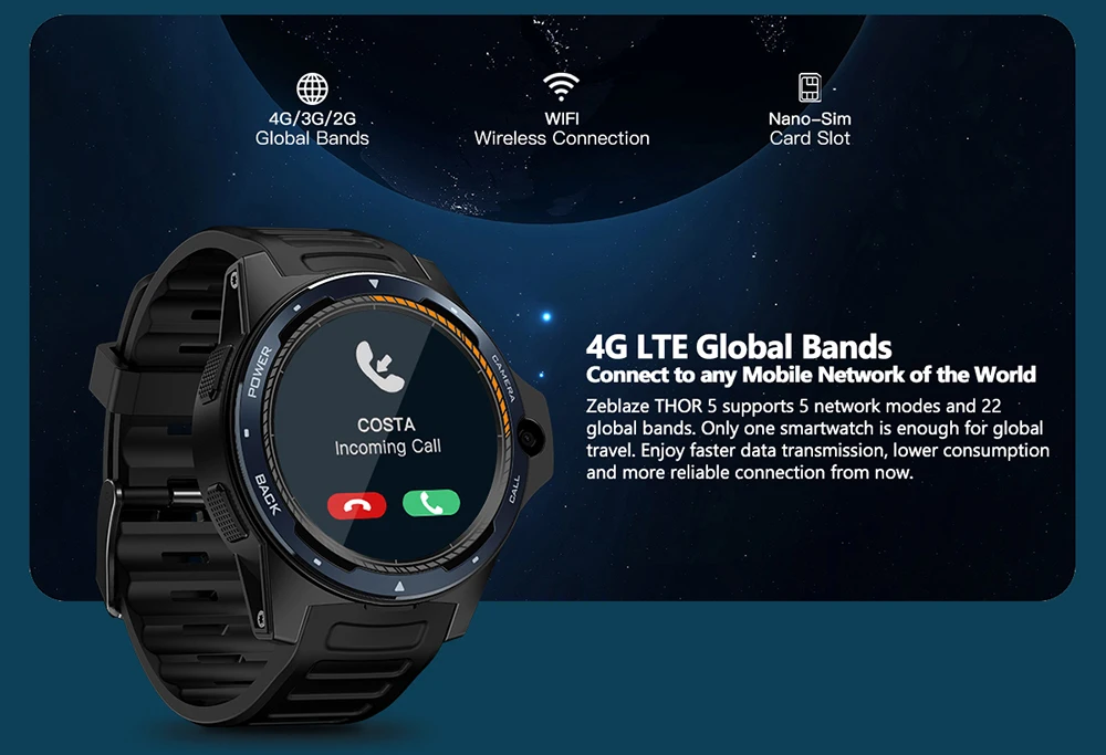 Смарт-часы Zeblaze THOR 5 4G LTE мужские 2 ГБ + 16 цифровые наручные часы с камерой 8 0 МП GPS SIM