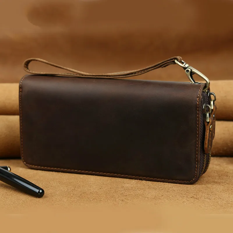 Imported Head Layer Cowhide Both Zipper Men Clutch Wallet Genuine Leather Male Long Purse Vintage Man Notecase PR084009