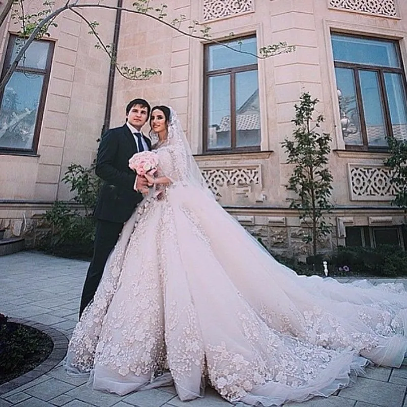Новые свадебные платья роскошный соборный Королевский Шлейф Кружева Vestido De Noiva аппликации с длинным рукавом высокое качество свадебные платья