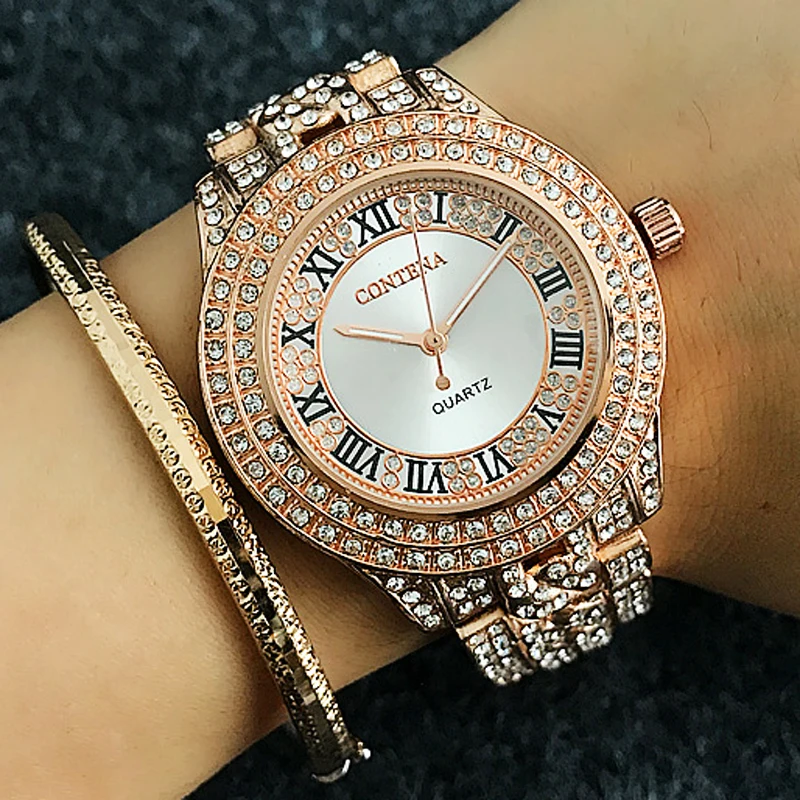 Relogio Feminino розовое золото женские часы ярко розовые Кристальные модные известный