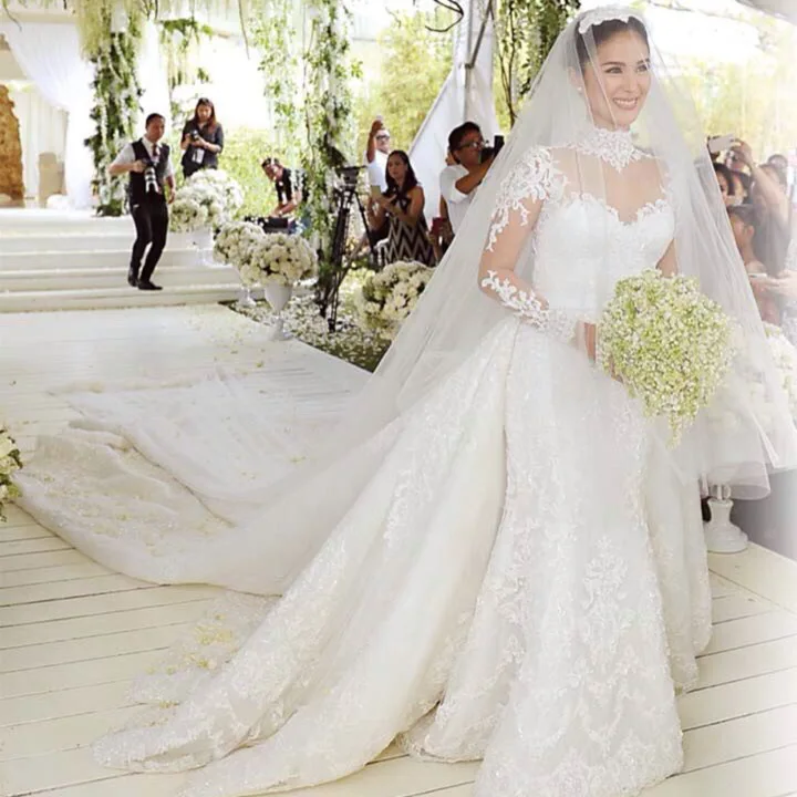 Robe De Mariage Роскошные Длинные рукава Русалка свадебное платье с Съемный шлейф