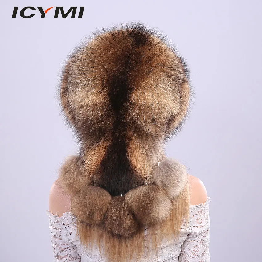 ICYMI Whole Piece Raccoon Fur Hats Unisex Super Warm Russian Outdoor PomPom Caps Skiing Snow Real Fur hats Women Men's Headgear
