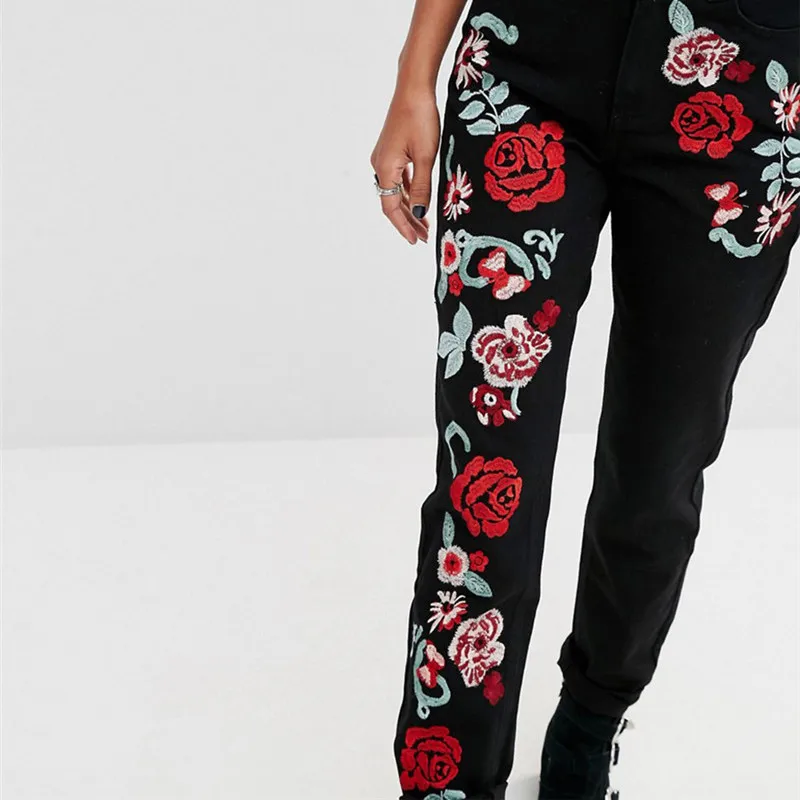 2017 Новый Тонкий Карандаш Брюки Старинные Высокой Талией Джинсы Цветок Вышивка