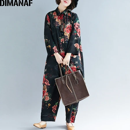 Ben92471CN DIMANAF, женские комплекты размера плюс, женская одежда, хлопок, лен, топы, рубашки, длинные штаны, свободные, Ретро стиль, черный, с цветочным принтом, комплект из 2 предметов - Цвет: Ben92471CN
