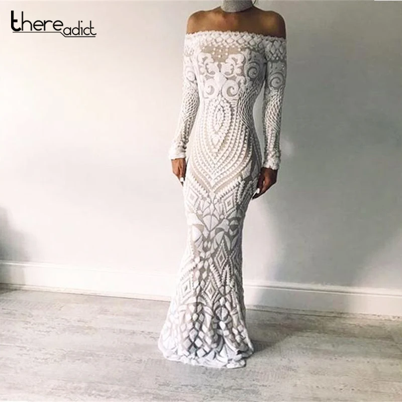 Вечернее платье с блестками и открытыми плечами для выпускного вечера Vestido