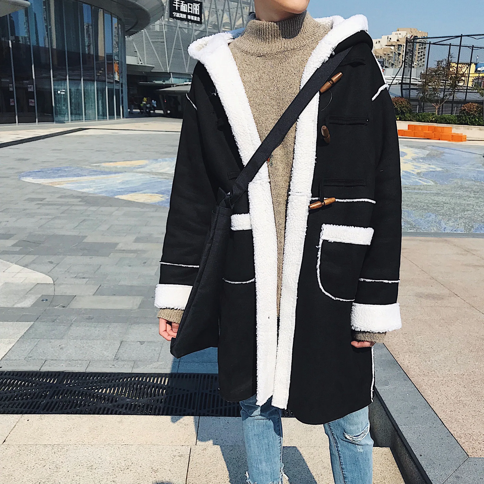 Зимняя куртка с роговыми пряжками пальто из овечьего флиса капюшоном Мужское