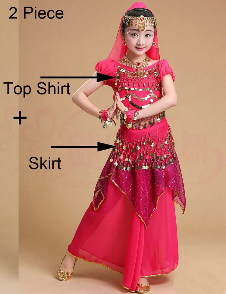 Hot Pink 2 Piece Детский костюм для танца живота, детское платье для индийского танца, Детские Танцевальные Костюмы Болливуда для девочек, одежда для выступлений, 6 цветов - Цвет: Hot Pink 2 Piece