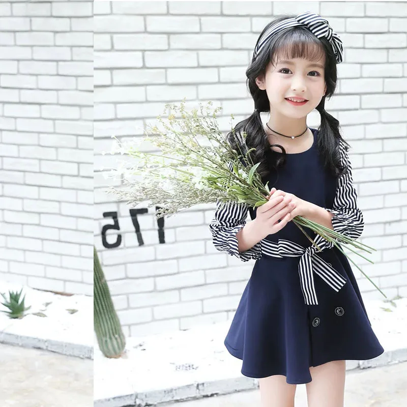 Детские платья с длинными рукавами на весну-осень 2018 детские в полоску для