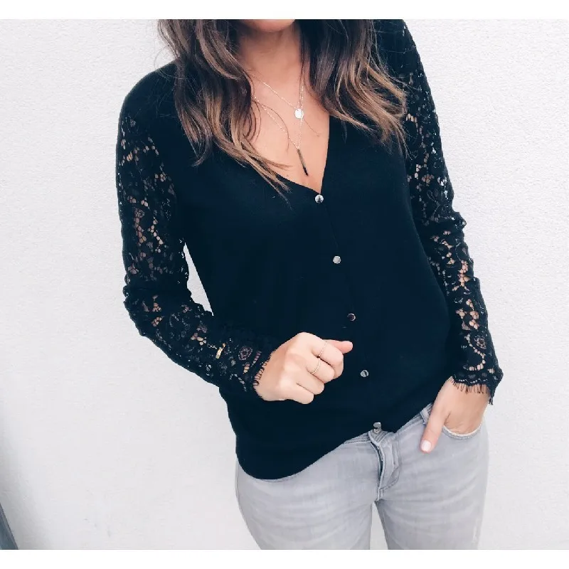 Осенняя Женская белая кружевная блузка с V образным вырезом и длинным рукавом в