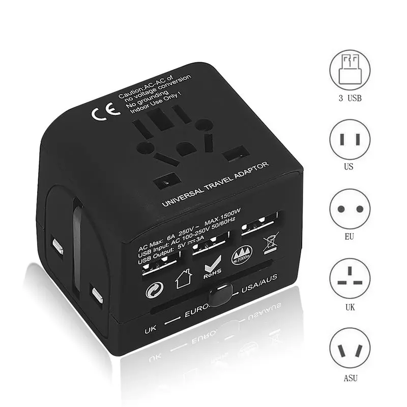 All in One Universal Plug Adapter 3 USB Port International Travel Power Charger Adaptor AC Converter With US AU UK EU Jack | Электроника